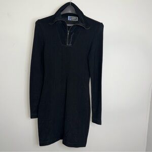 Vintage Claude Montana Zip Mini Dress Black 80s Long Sleeve Size 38